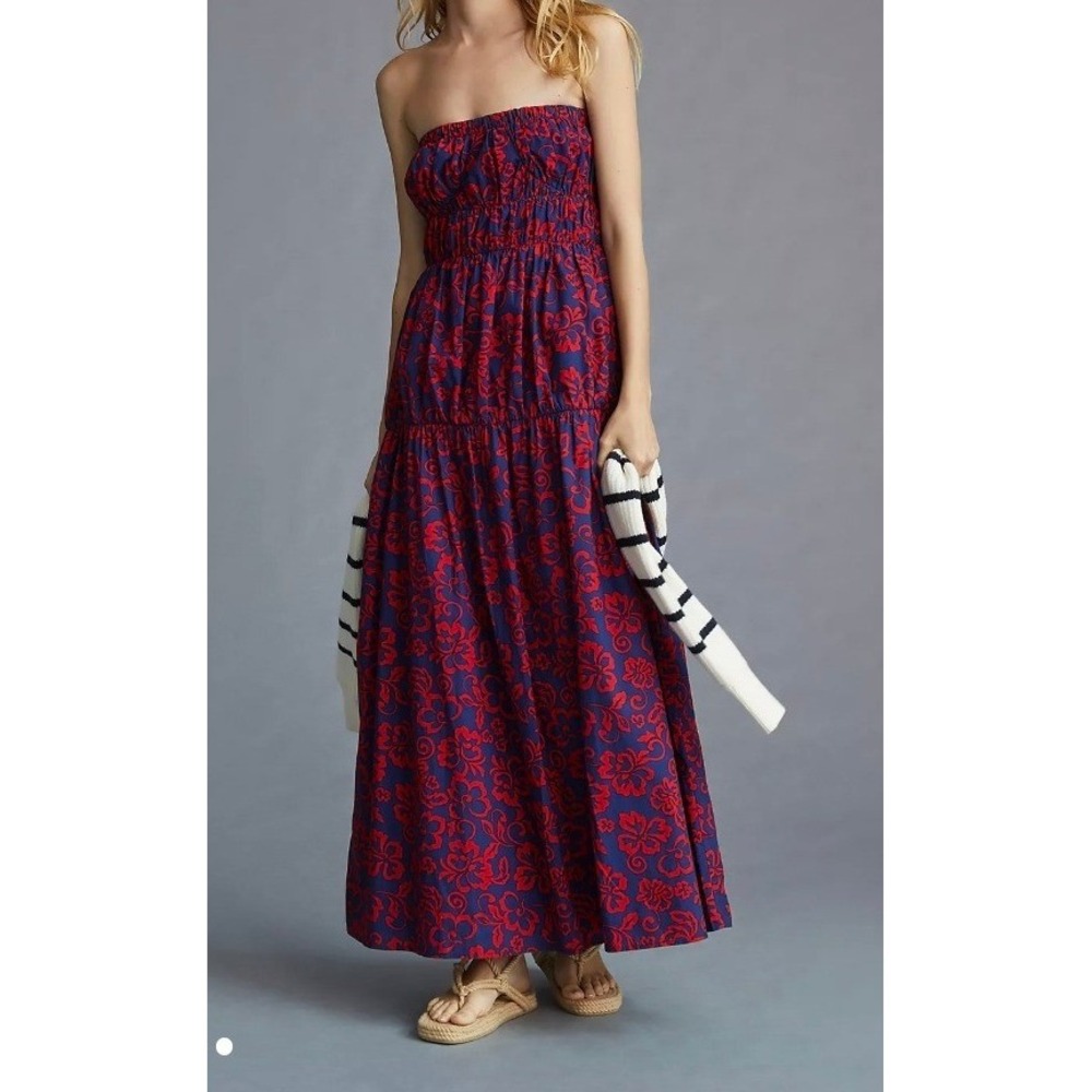 Anthro Sundry Aloha Floral Strapless Maxi Dress Navy Red‎ Smock Tier Cotton Sz M